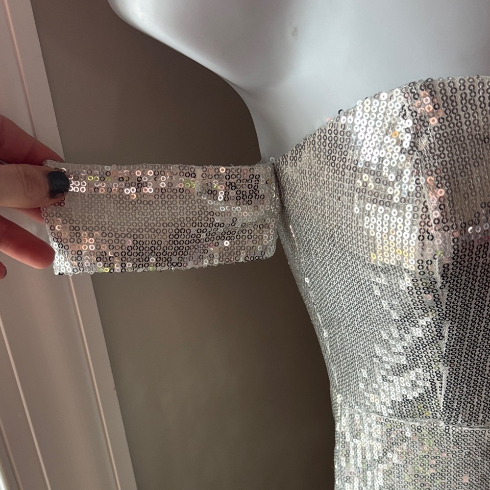 NWT PrettyLittleThing Silver Sequin Off-Shoulder Prom Dress - Picture 3 of 11